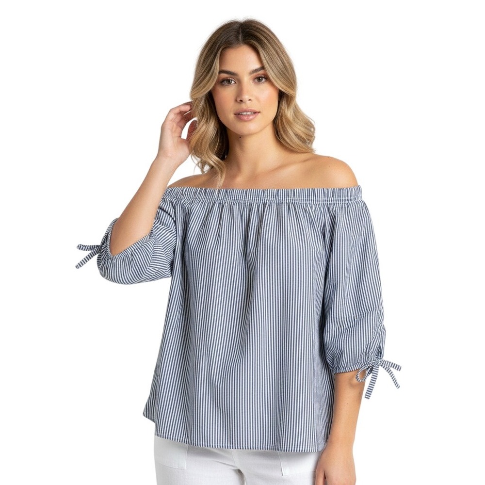 BeachLunchLounge Womens Off Shoulder Striped Top Size XL Blue White 100% Cotton